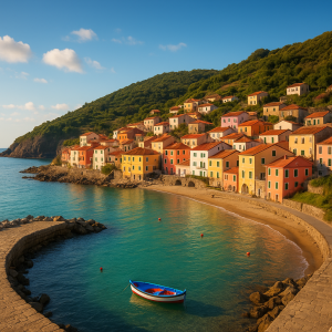 Colorful houses in a scenic coastal village beside calm turquoise water, with a small boat floating nearby