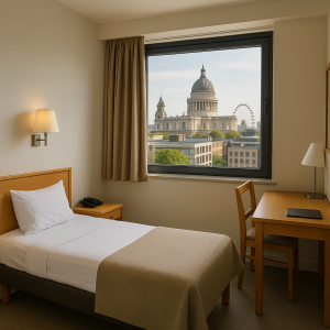 Cozy affordable hotel room with city views of St. Paul’s Cathedral and the London Eye, ideal for budget stays near attraction