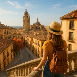 Tourist woman with backpack and hat overlooking historic city and cathedral at sunset, affordable cultural city break