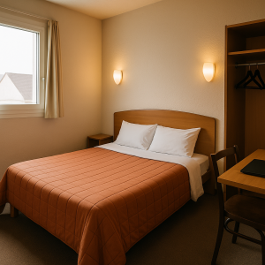 Cozy hotel room with a double bed, wooden furniture, and warm lighting, ideal for affordable, cheap accommodation stays.