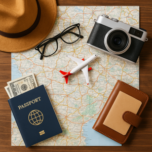 Travel essentials like passport, camera, glasses, hat, wallet, and toy airplane on a map for cheap weekend breaks.