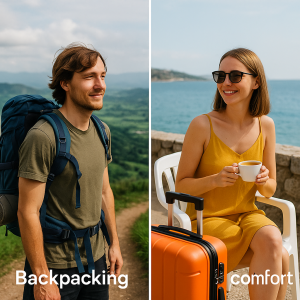 Side-by-side image comparing backpacking outdoors with budget comfort beach travel for affordable holidays.