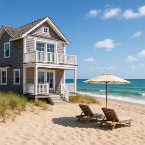 Beachfront house with wooden deck chairs and umbrella on sandy shore under a blue sky