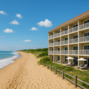 Beachfront hotel balconies overlooking sandy shore and ocean, illustrating beach holiday accommodation and coastal stays opti