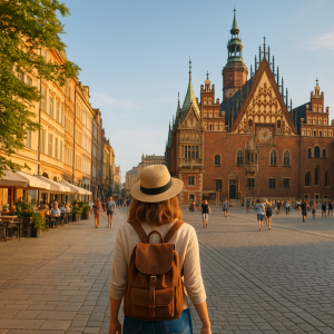 Tourist in Wrocław Market Square with Gothic architecture, an easy cultural city for first time city travel
