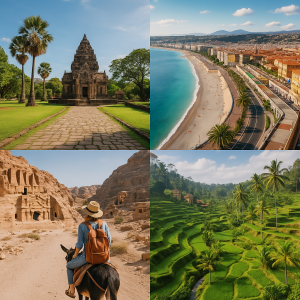 Collage of iconic budget travel destinations including ancient temples, coastal cities, desert ruins, and lush rice terraces.