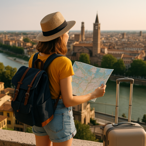 Young female traveler with backpack and map overlooking historic European city by river, symbolizing budget travel beginners.
