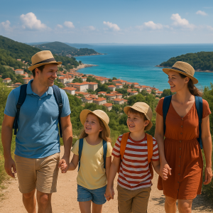 Happy family hiking with backpacks overlooking a coastal town and blue sea, enjoying a stress-free family holiday.