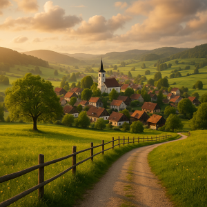 Scenic countryside village with a church and rolling green hills glowing under a peaceful sunset sky.