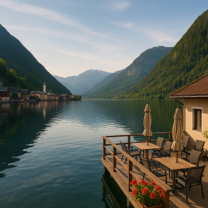 Scenic lakeside village with outdoor dining and mountains at sunrise, ideal for global lakes travel and scenic breaks.