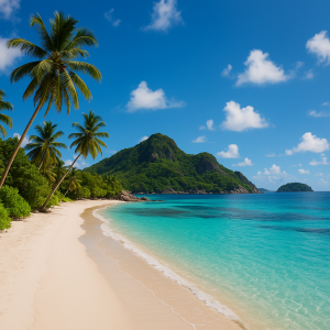 Tropical island beach with palm trees, turquoise water, and a lush green mountain under a clear blue sky.