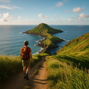 Hiker walking on a coastal trail along ocean shore, approaching a lush green island under clear blue sky.