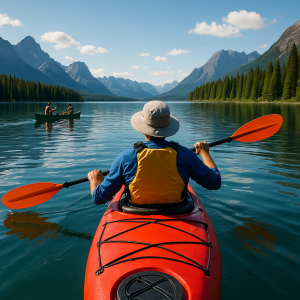 Person kayaking on a calm mountain lake surrounded by pine trees and clear blue skies.