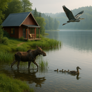Scenic lakeside cabin surrounded by forest, with a moose, ducks in water, and a heron flying overhead.