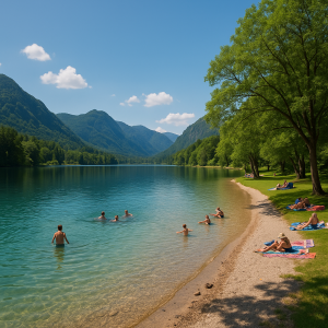 Scenic mountain lake with people swimming and sunbathing on a sunny summer day.