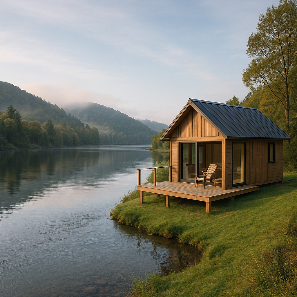 Cozy wooden cabin with deck overlooking a serene river, lush green hills, ideal for peaceful riverside stays