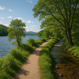 Scenic riverside trail winding through lush green trees under a clear blue sky for nature walks.