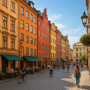 Colorful European cultural district street with historic buildings, pedestrians and cyclists, showing best neighbourhoods to