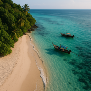 Aerial view of a tropical beach with turquoise water, traditional wooden boats, and lush green shoreline off season islands.