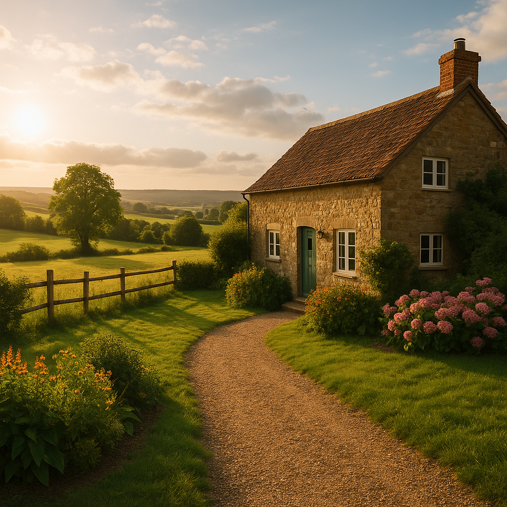 Cozy stone cottage in the countryside with a garden path at sunset, perfect rural accommodation for holidays.