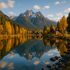 Autumn mountain landscape with colorful trees and lakeside cabins reflected in calm water, ideal for seasonal lake travel pla