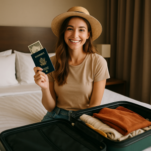 Happy woman packing a suitcase and holding a passport, ready for budget comfort travel with affordable luxury tips.