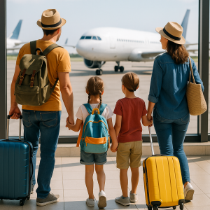 Family of four with luggage waiting at airport terminal, airplane visible outside, illustrating budget family travel.