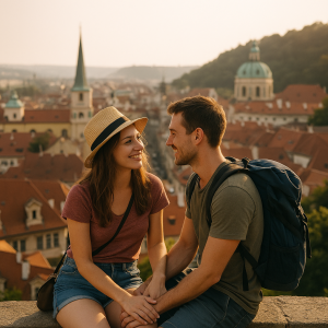 Young couple sharing a romantic moment overlooking a scenic European cityscape during budget travel.