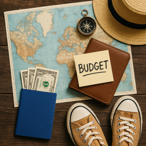 Travel planning essentials for budget travel: world map, compass, money, budget note, hat, and sneakers on a wooden table.