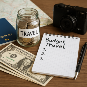 Jar of coins, passport, camera, map, and notepad symbolizing budget travel planning essentials for saving money.