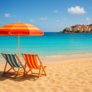Sunny beach with colorful umbrellas and lounge chairs by clear turquoise water, ideal for cheap beach holidays