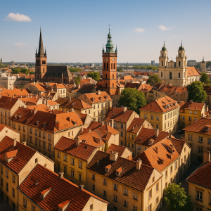 Aerial view of historic Warsaw city center with red-roofed buildings and church towers under a clear sky.