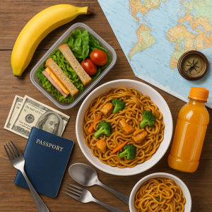Healthy travel meal with noodles, sandwich, fruit, juice, and travel essentials on wooden table for cheap food travel.