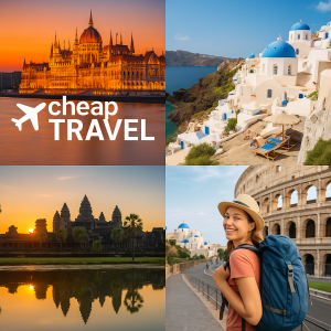 Collage of popular budget travel destinations including Budapest, Santorini, Angkor Wat, and Rome for cheap travel savings.