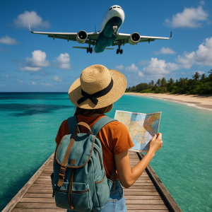 Traveler with a backpack holding a map watches a plane flying over a tropical beach at sunset.
