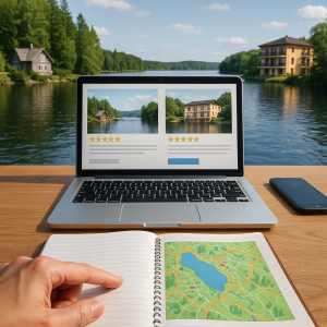Laptop shows lakeside vacation rentals with scenic river view and map, next to smartphone on wooden table for travel planning