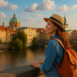 Backpacking woman views historic European riverside city at sunset, capturing cultural city travel during a city break worldw