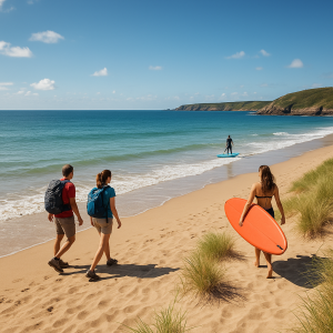 Hikers on a sandy beach beside the ocean, with a surfer carrying a surfboard along the shoreline
