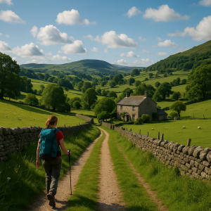 Backpacker walking on a countryside trail toward a stone cottage surrounded by green rolling hills and clear skies.