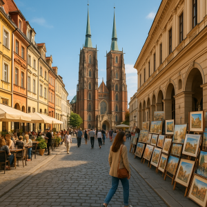 Historic European street with outdoor cafes and art displays leading to a Gothic cathedral, cultural city experiences guide