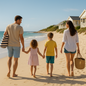 Family of four holding hands walking on sandy beach near seaside houses on a family beach holiday