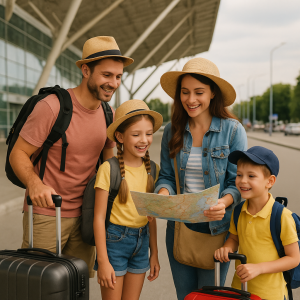 Happy family of four with luggage and map planning a budget-friendly trip at an airport.