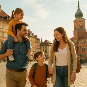 Happy family sightseeing in a historic European city square on a family city break with kids