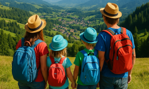 Collage of family-friendly hill destinations worldwide with scenic mountains, cabins, and families on vacation