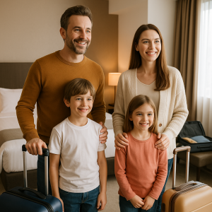 Happy family of four with luggage standing in a hotel room, ready for their vacation near attractions.