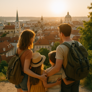Family of four enjoying a scenic sunset over a historic European city, illustrating family travel benefits and shared memorie