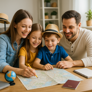 Happy family gathered around a table, planning their first holiday using a map, smiling and engaged together.
