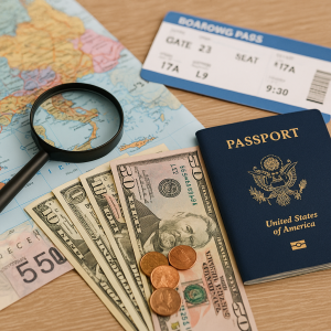 Travel essentials including passport, boarding pass, US currency, and map with magnifying glass highlighting hidden travel co