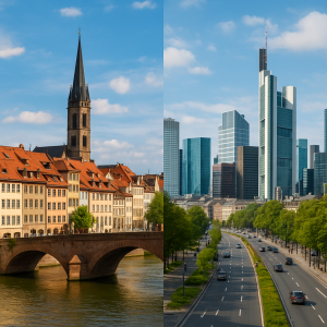 Split image of historic European old town architecture and modern skyscrapers with city roads, comparing city centre stays