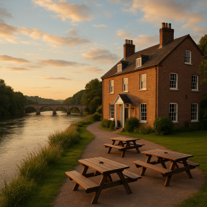 Scenic riverside brick house with picnic tables and a stone bridge at sunset along a historic river travel route.